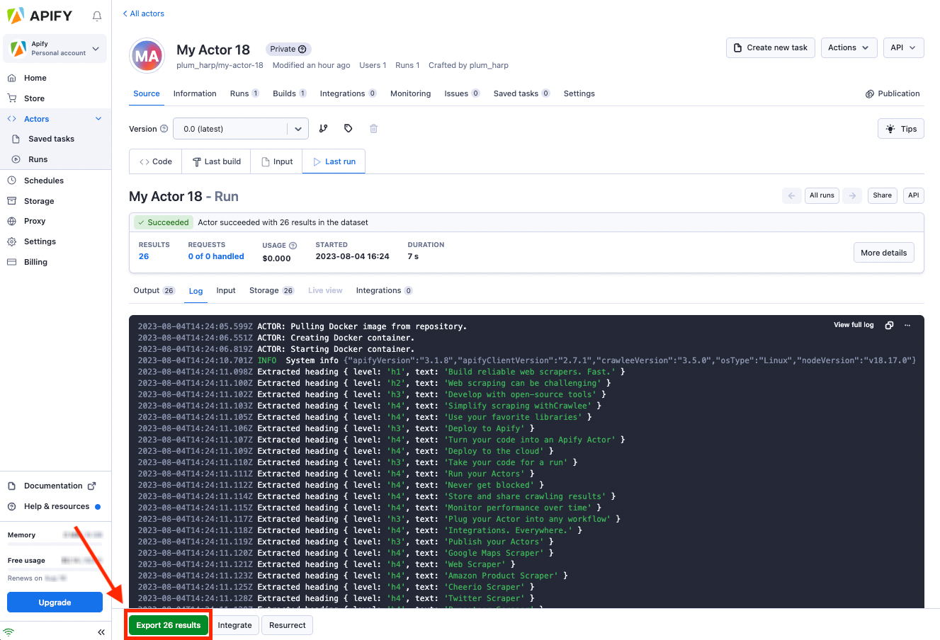 Actor run logs